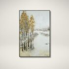 A vertical wall art piece featuring tall slender trees with golden foliage contrasted against a misty white and grey background.