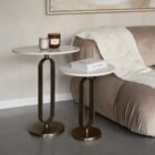 Renwil Irene Accent Tables, set of two, with round white marble tops and antique brass open-frame pedestal bases