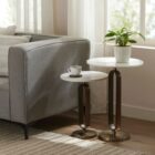 Renwil Irene Accent Tables, set of two, with round white marble tops and antique brass open-frame pedestal bases