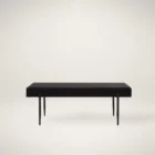 Modern black upholstered bench with slim tapered legs.