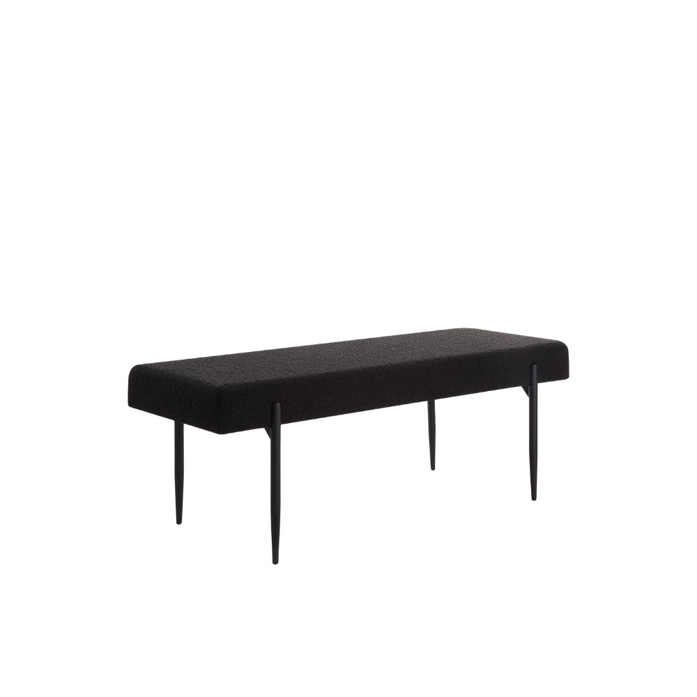 Modern black upholstered bench with slim tapered legs.