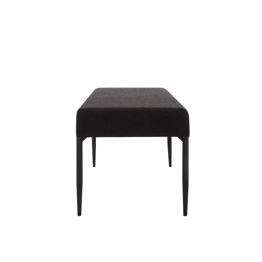 Modern black upholstered bench with slim tapered legs.