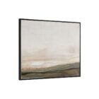 A contemporary landscape wall art piece featuring soft neutral tones of beige, cream, and earthy greens, framed in a slim black frame.