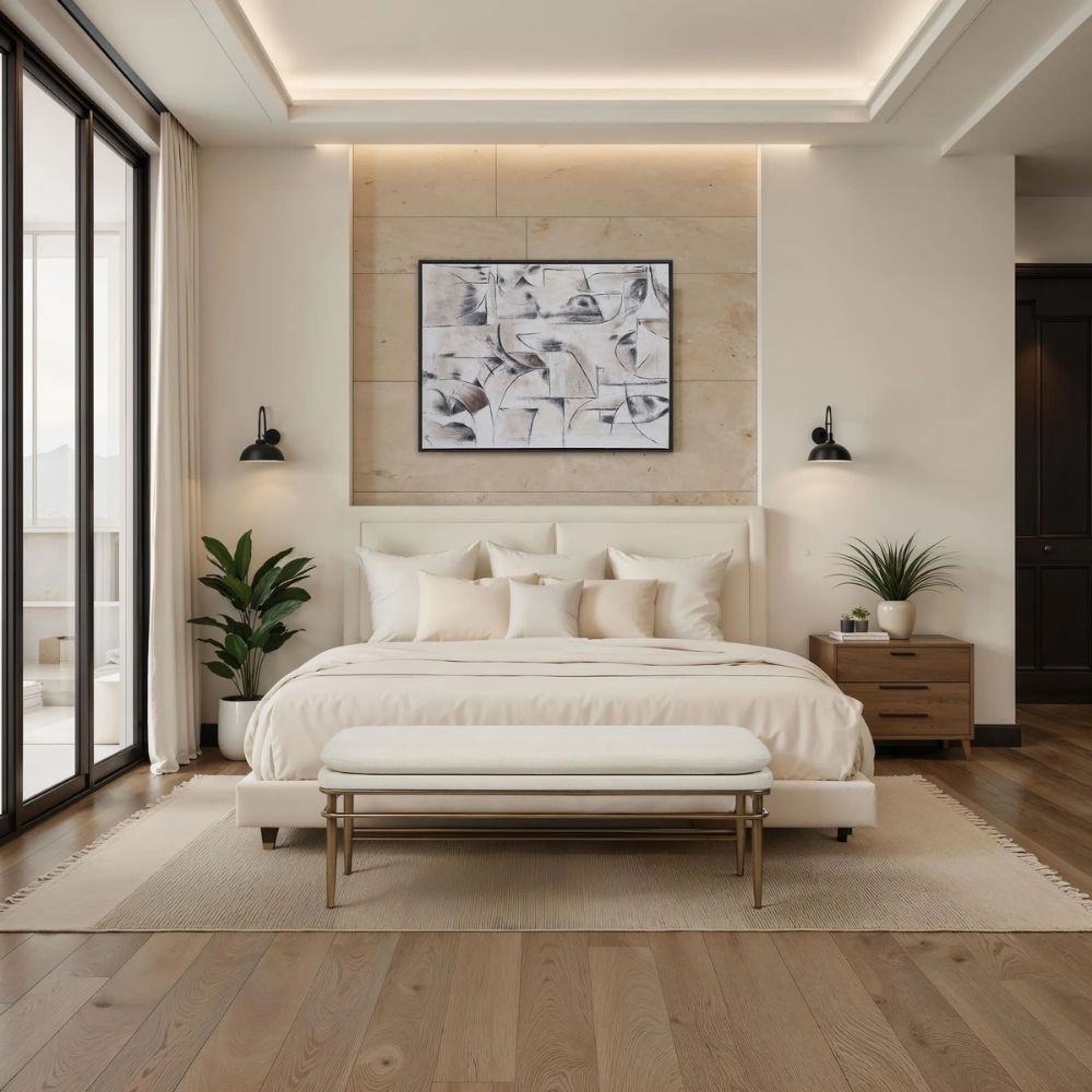 A modern upholstered bench with a slim ivory cushion and sleek antique brass-finished metal frame with tapered legs
