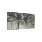 A nature-inspired wall art piece depicting tall trees with dark green foliage fading into a misty, neutral-toned background.