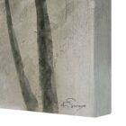A nature-inspired wall art piece depicting tall trees with dark green foliage fading into a misty, neutral-toned background.