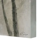 A nature-inspired wall art piece depicting tall trees with dark green foliage fading into a misty, neutral-toned background.