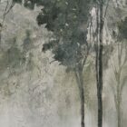 A nature-inspired wall art piece depicting tall trees with dark green foliage fading into a misty, neutral-toned background.