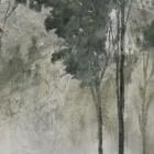 A nature-inspired wall art piece depicting tall trees with dark green foliage fading into a misty, neutral-toned background.