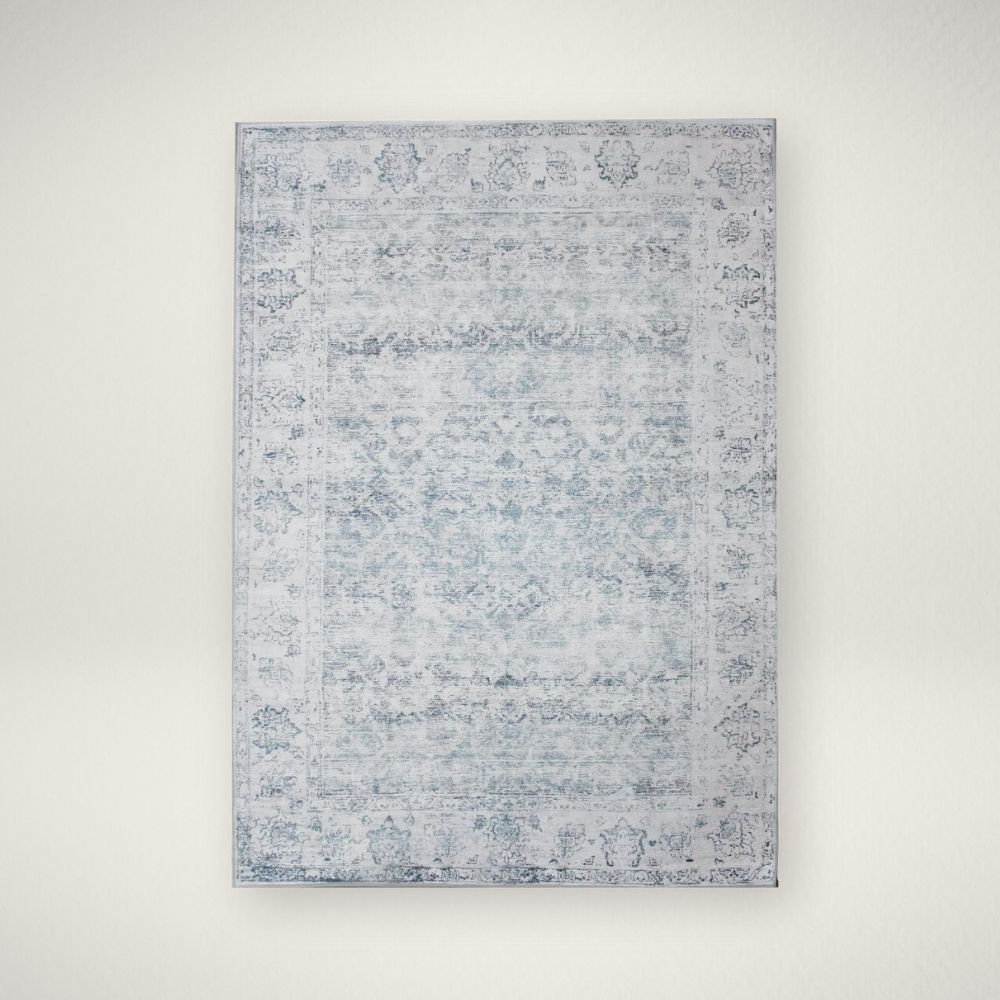 RN RCHL-41182 Light blue and ivory distressed rug with vintage-inspired medallion and border design.