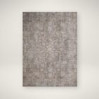 Vintage-inspired rug in muted brown, taupe, and soft blue with ornate medallion and border design.