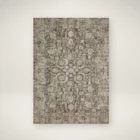 Distressed vintage rug in earthy taupe, beige, and soft grey with ornate medallion and border pattern.