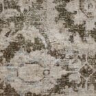 Distressed vintage rug in earthy taupe, beige, and soft grey with ornate medallion and border pattern.