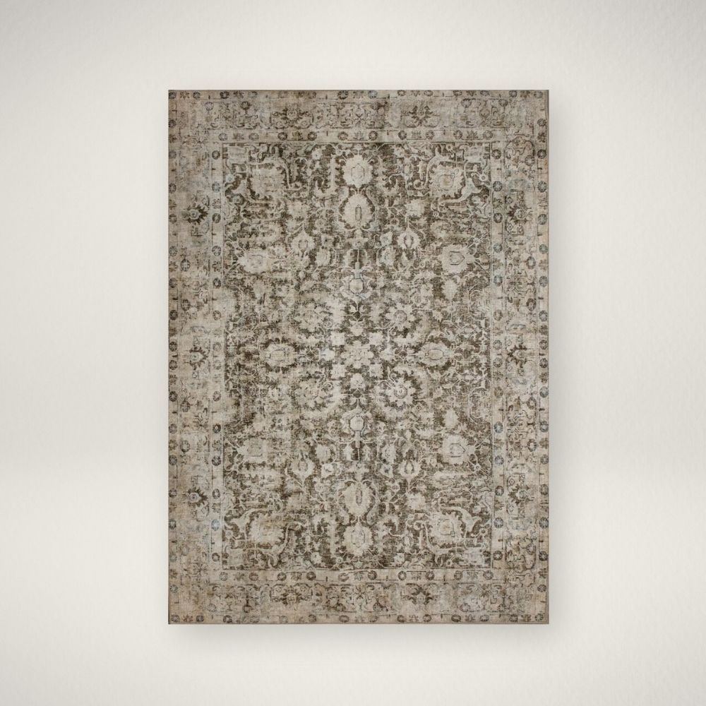 RN RCHL-61182 Distressed vintage rug in earthy taupe, beige, and soft grey with ornate medallion and border pattern.