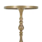 A round brass side table with a sculpted pedestal base and raised edge, featuring an antique finish and elegant silhouette.