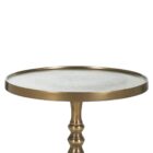 A round brass side table with a sculpted pedestal base and raised edge, featuring an antique finish and elegant silhouette.