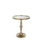 A round brass side table with a sculpted pedestal base and raised edge, featuring an antique finish and elegant silhouette.