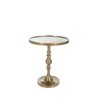 A round brass side table with a sculpted pedestal base and raised edge, featuring an antique finish and elegant silhouette.