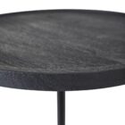 A modern black side table with a round top, slim central support, and cylindrical base in a minimalist design.