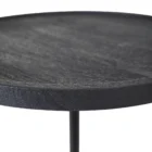 A modern black side table with a round top, slim central support, and cylindrical base in a minimalist design.