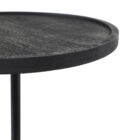 A modern black side table with a round top, slim central support, and cylindrical base in a minimalist design.