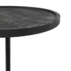 A modern black side table with a round top, slim central support, and cylindrical base in a minimalist design.