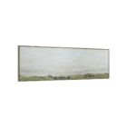 A panoramic landscape wall art piece featuring soft textured strokes of green fields beneath a wide expanse of pale sky, framed in a slim border.