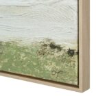 A panoramic landscape wall art piece featuring soft textured strokes of green fields beneath a wide expanse of pale sky, framed in a slim border.