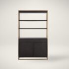 Contemporary dark wood bookcase with gold frame, three open shelves, and storage cabinet.