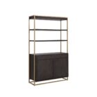 Contemporary dark wood bookcase with gold frame, three open shelves, and storage cabinet.