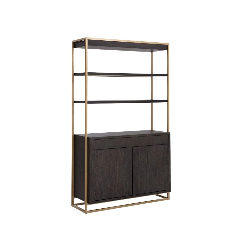 Contemporary dark wood bookcase with gold frame, three open shelves, and storage cabinet.