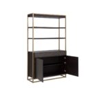 Contemporary dark wood bookcase with gold frame, three open shelves, and storage cabinet.