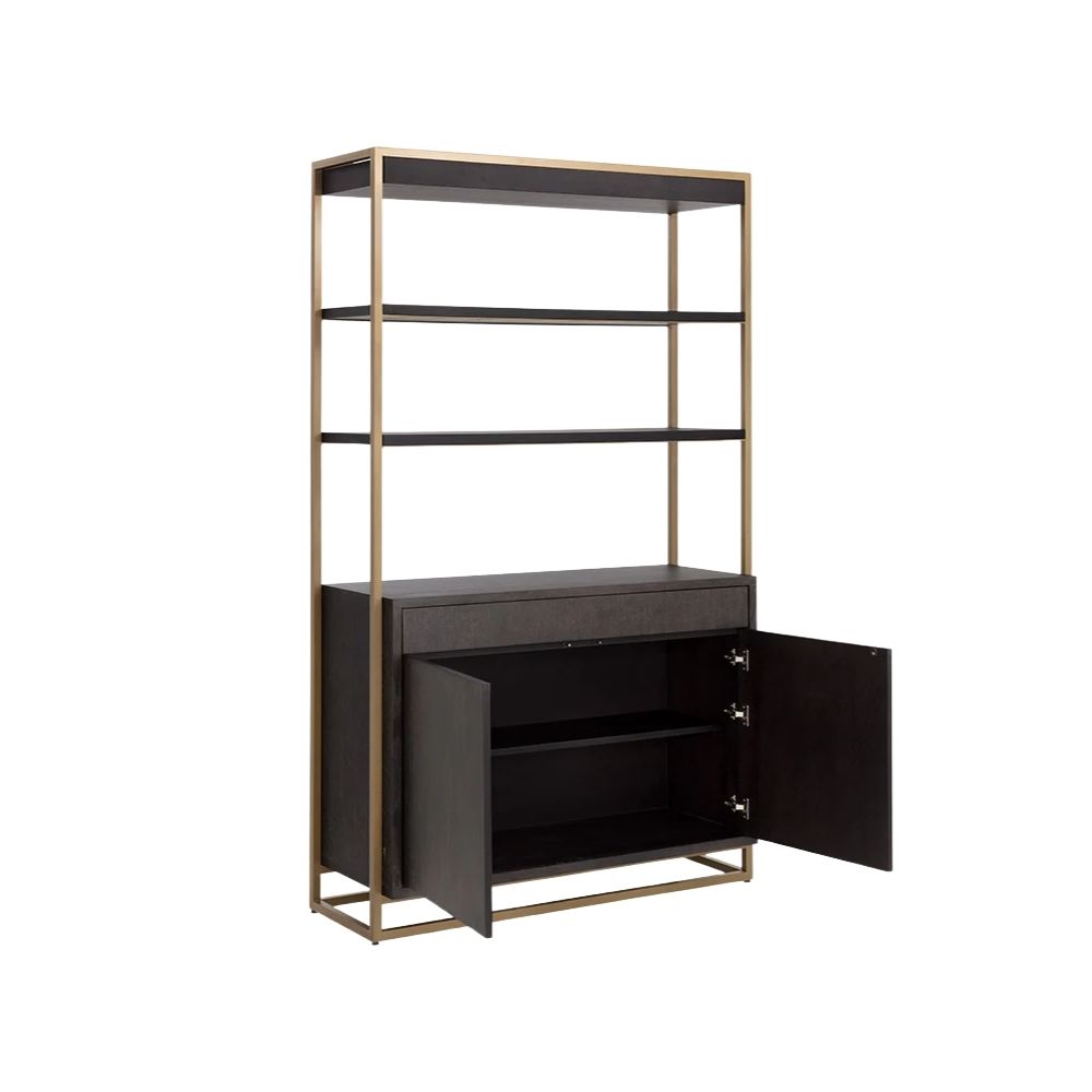Contemporary dark wood bookcase with gold frame, three open shelves, and storage cabinet.