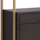 Contemporary dark wood bookcase with gold frame, three open shelves, and storage cabinet.