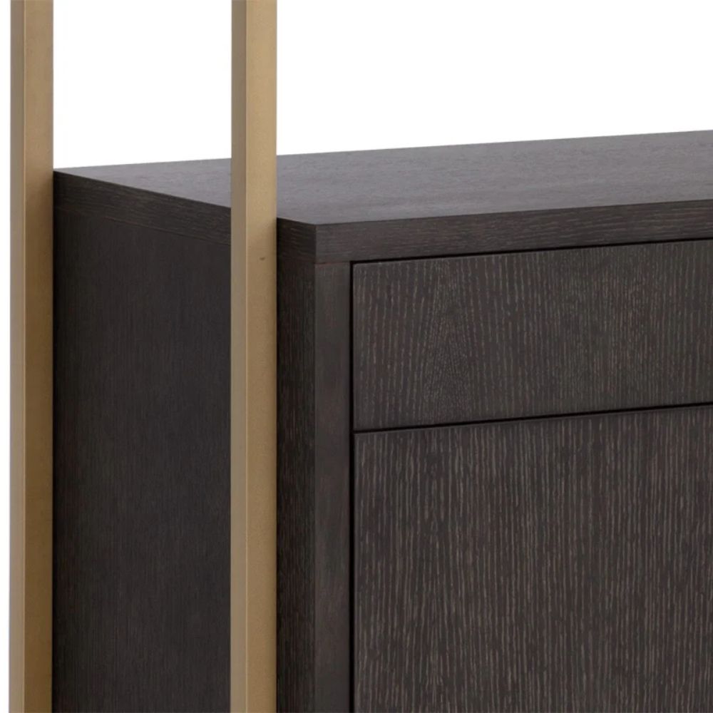 Contemporary dark wood bookcase with gold frame, three open shelves, and storage cabinet.