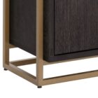 Contemporary dark wood bookcase with gold frame, three open shelves, and storage cabinet.