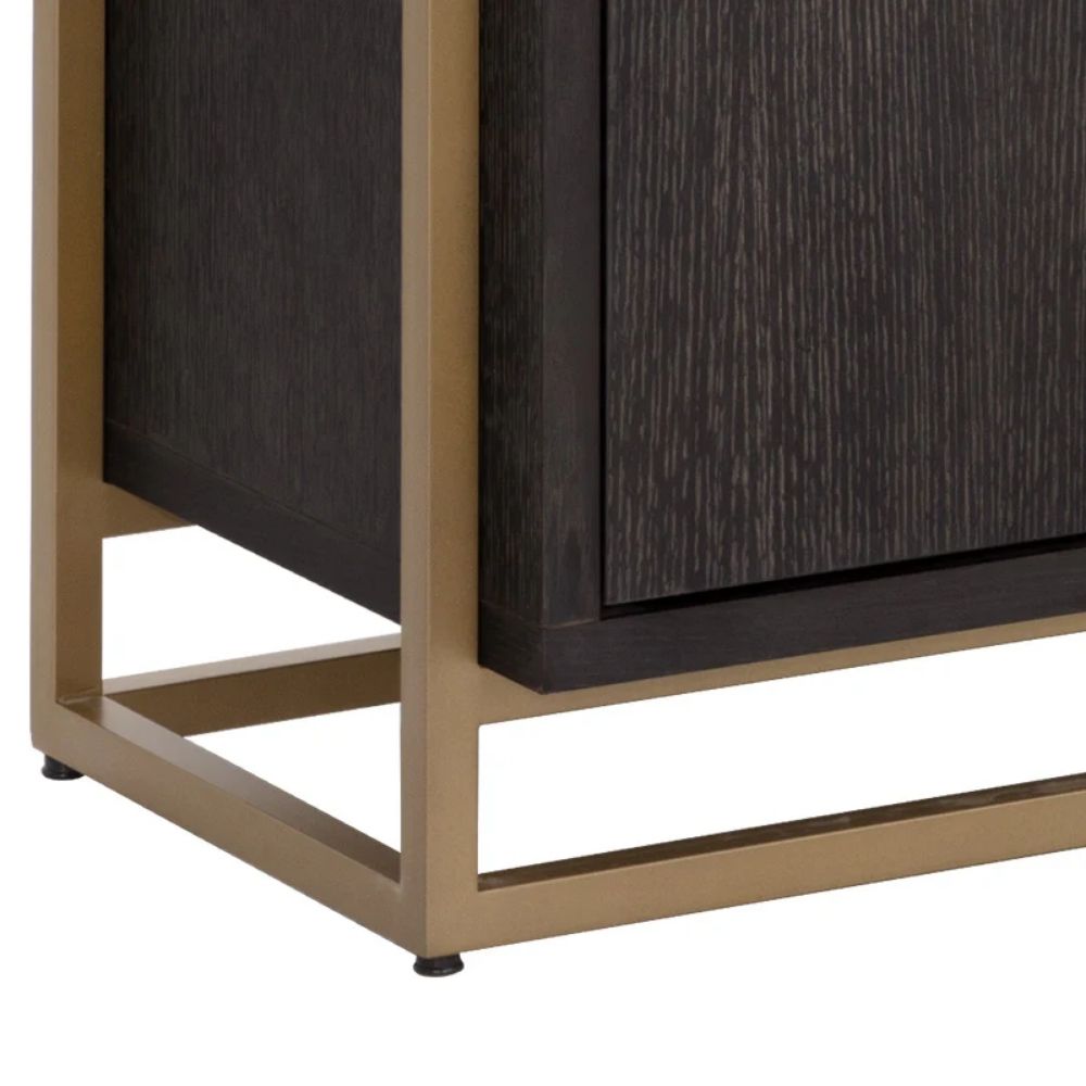 Contemporary dark wood bookcase with gold frame, three open shelves, and storage cabinet.