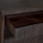 Contemporary dark wood bookcase with gold frame, three open shelves, and storage cabinet.