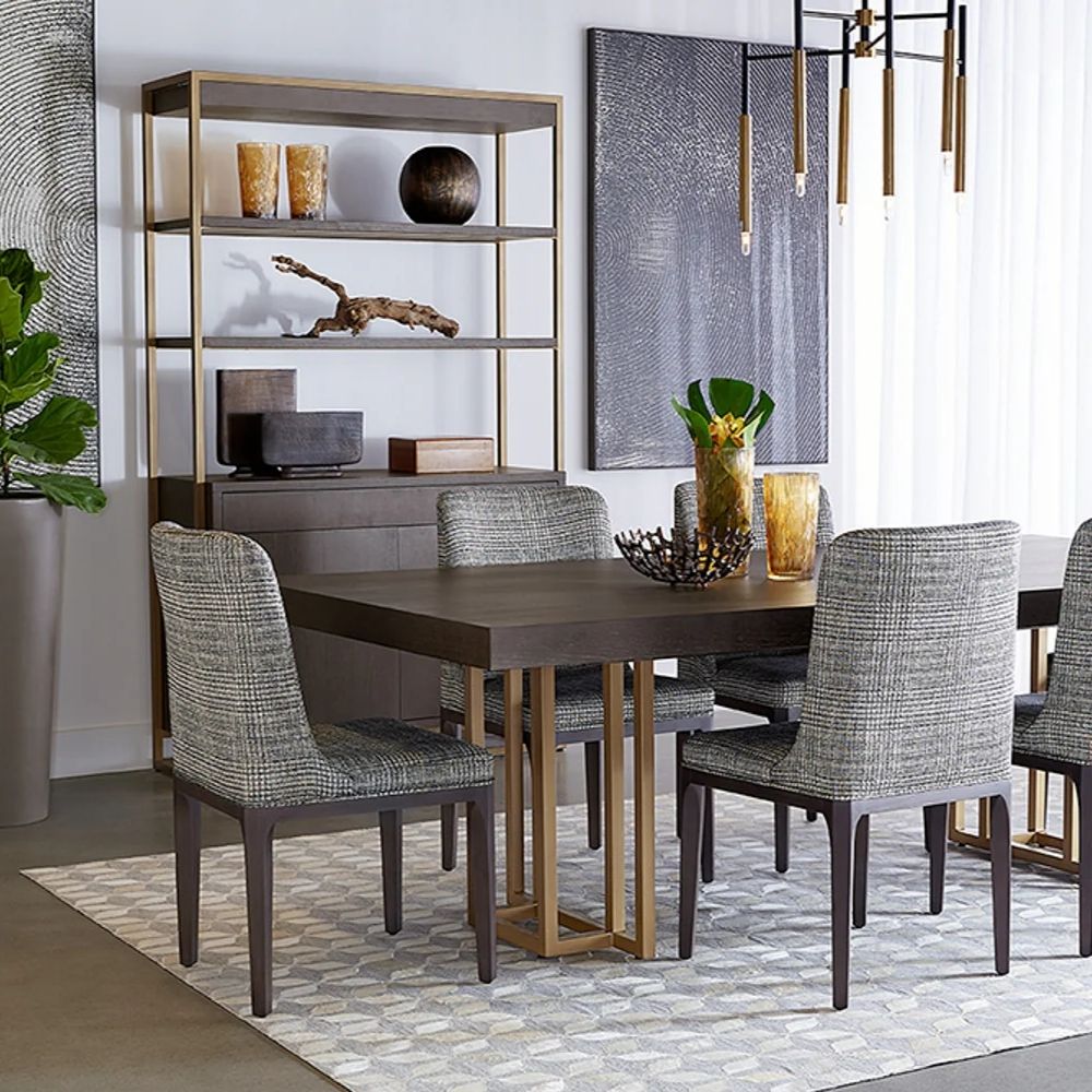 Contemporary dark wood bookcase with gold frame, three open shelves, and storage cabinet.