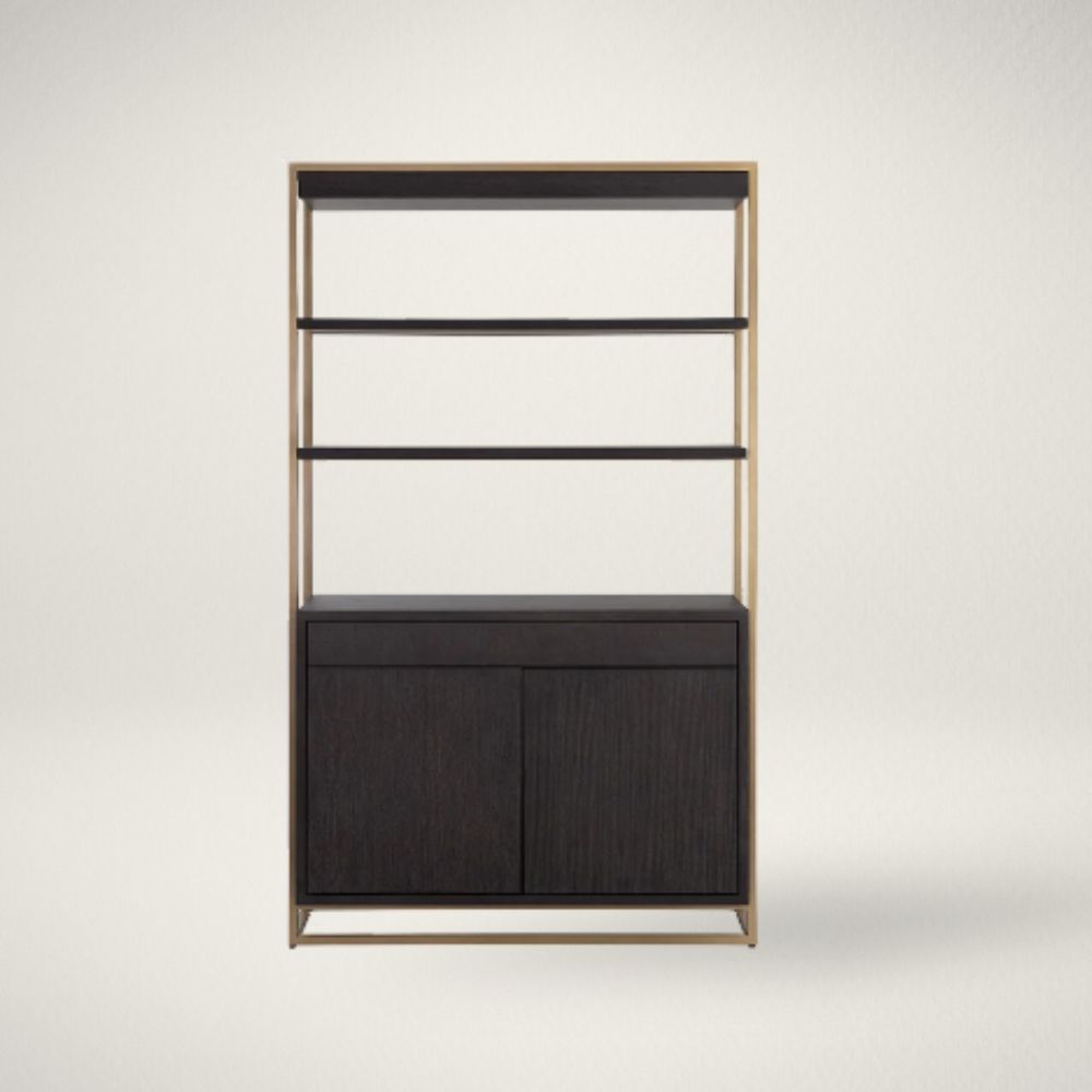 SP Baldessara Contemporary dark wood bookcase with gold frame, three open shelves, and storage cabinet.