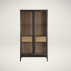 Modern wood cabinet with glass doors, black frame, and natural wood interior shelves.
