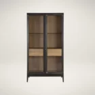 Modern wood cabinet with glass doors, black frame, and natural wood interior shelves.