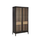 Modern wood cabinet with glass doors, black frame, and natural wood interior shelves.