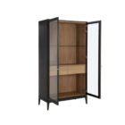 Modern wood cabinet with glass doors, black frame, and natural wood interior shelves.