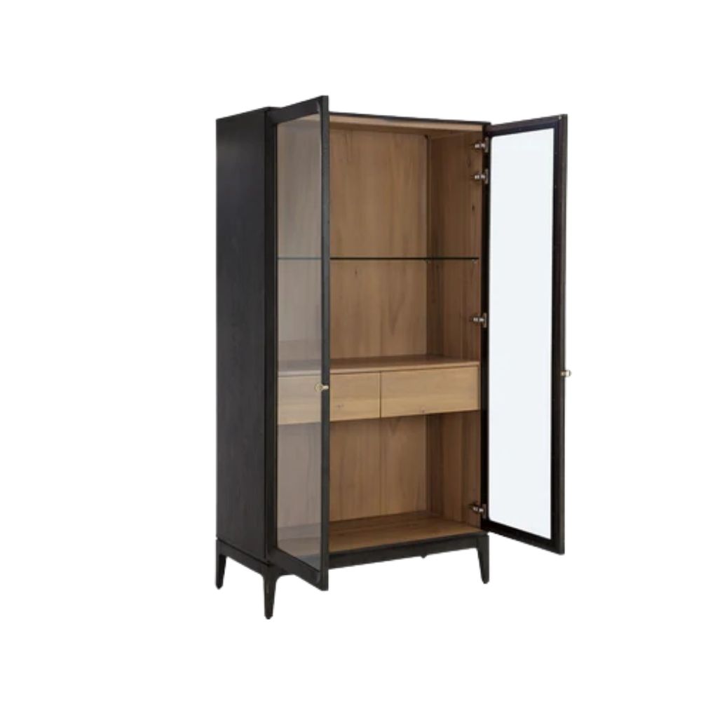 Modern wood cabinet with glass doors, black frame, and natural wood interior shelves.