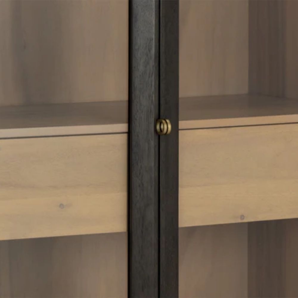 Modern wood cabinet with glass doors, black frame, and natural wood interior shelves.