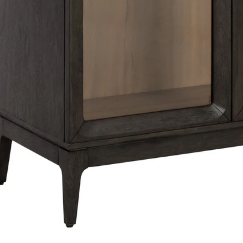 Modern wood cabinet with glass doors, black frame, and natural wood interior shelves.