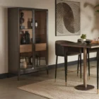 Modern wood cabinet with glass doors, black frame, and natural wood interior shelves.