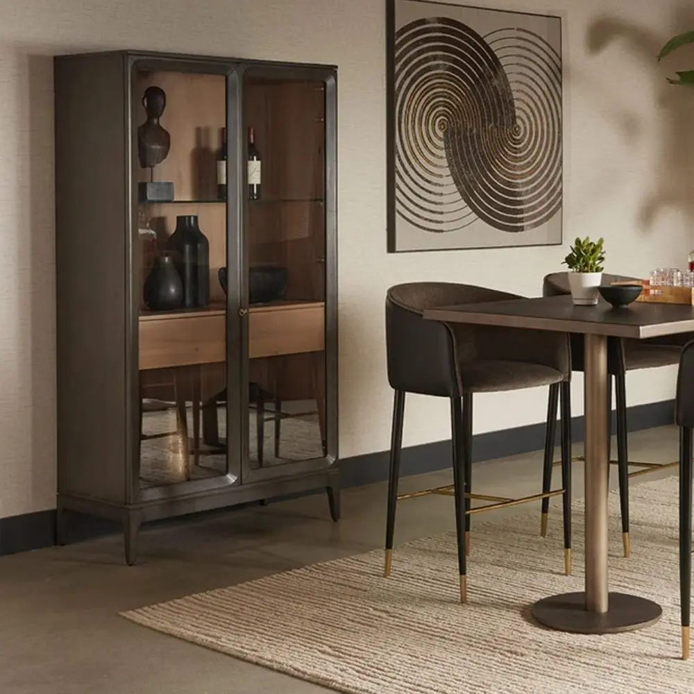 Modern wood cabinet with glass doors, black frame, and natural wood interior shelves.