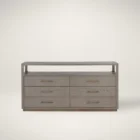 A modern greige six-drawer dresser with clean lines, slim metal hardware, and a smooth wood finish.